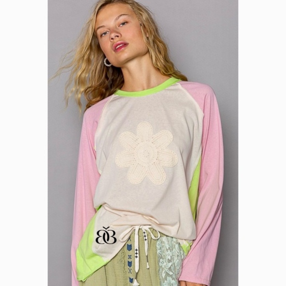 POL Pink & Lime Flower Patch Long Sleeve Cotton Jersey Top